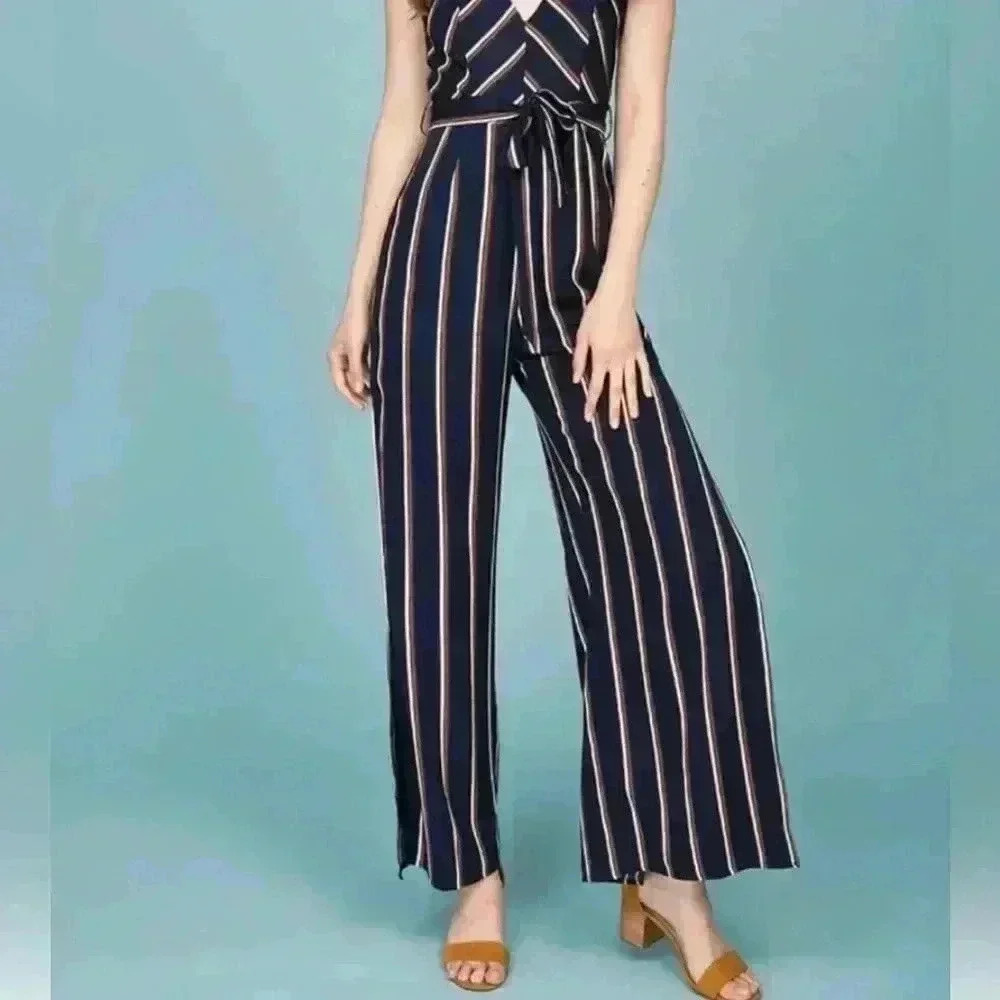Selfie Leslie Women’s Kallie Navy Striped Jumpsuit Size X-Small